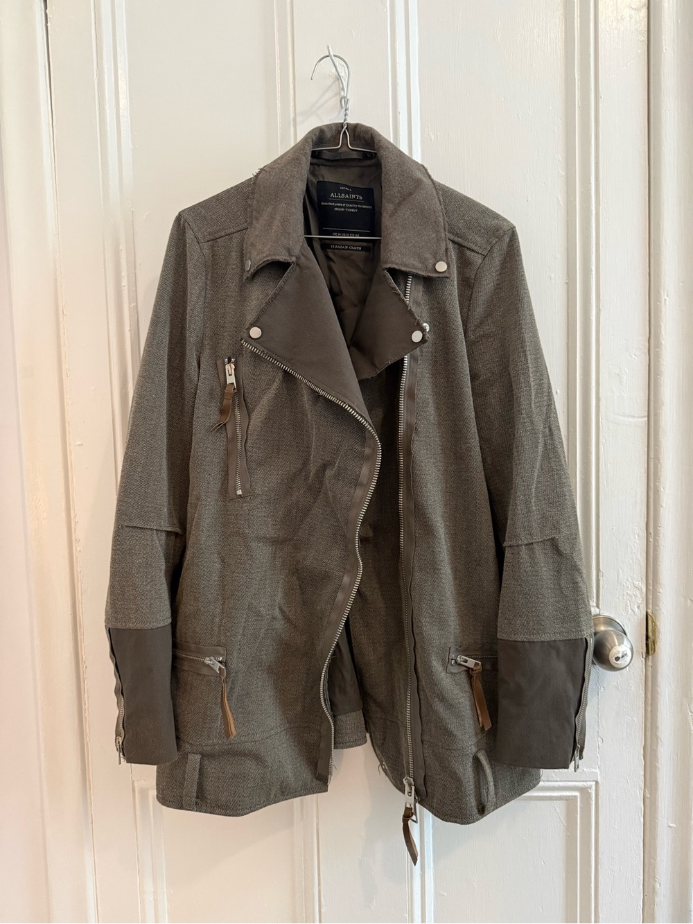 AllSaints Italian Cloth Grey Moto Biker Parka Jacket US 10